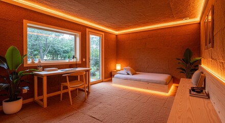 Fototapeta premium Warm and inviting modern bedroom design with natural light and cozy ambiance