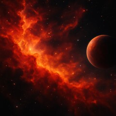 Red orange nebula with distant planet in deep space