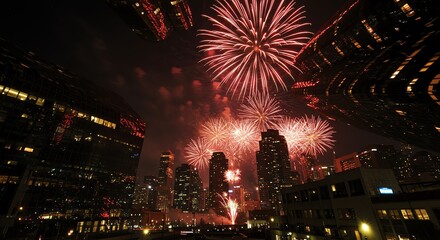 Fireworks over city skyline at night