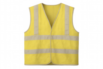 Close-up of a yellow safety vest with reflective stripes, ensuring high visibility in hazardous environments, isolated on a transparent background