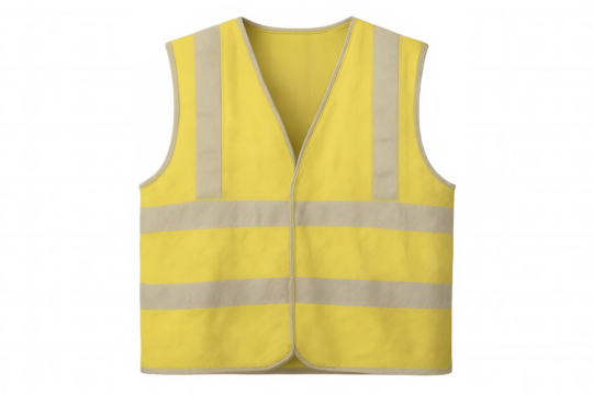 Close-up of a yellow safety vest with reflective stripes, ensuring high visibility in hazardous environments, isolated on a transparent background
