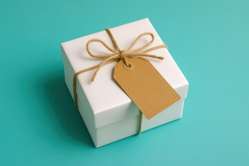 White Gift Box with Kraft Tag on Turquoise Background