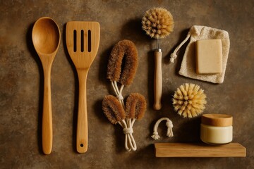 Wooden utensils and cleaning kit on rustic background
