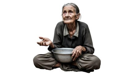 Elderly woman begging with a bowl seeking help and compassion