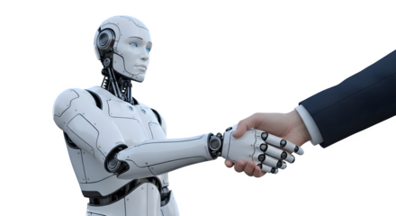 Human and robot shaking hands symbolizing collaboration and technology