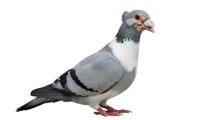 Fancy pigeon with unique facial features stands against black