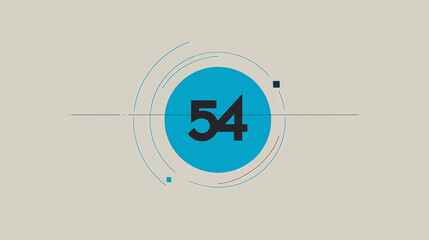 Minimalist digital countdown timer showing the number 54 in black on a blue circle, surrounded by thin concentric circular and linear design elements on a beige background