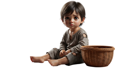 Sad little boy with tears sitting near a basket in tattered clothes