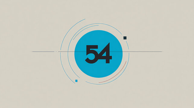 Minimalist digital countdown timer showing the number 54 in black on a blue circle, surrounded by thin concentric circular and linear design elements on a beige background - Powered by Adobe