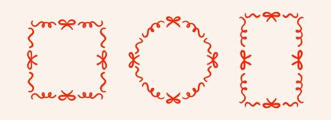 Red hand drawn bow frame set. Wavy ribbon border collection. Circle, square and rectangle doodled box bundle for invitation template, poster, banner. Coquette sketch cadre pack. Vector