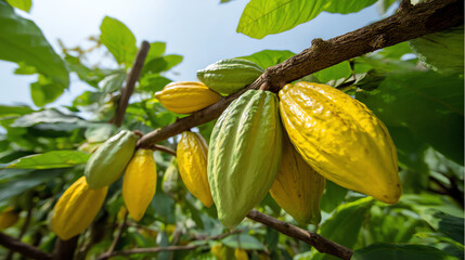 Cacao pods in various ripening stages hang from a tree branch surrounded by green leaves in a tropical environment under natural daylight