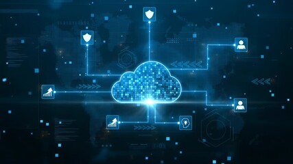 Global network connectivity, cloud computing, and security.  A digital graphic displays interconnected data, with a central cloud symbol surrounded by security and user icons.   - Powered by Adobe