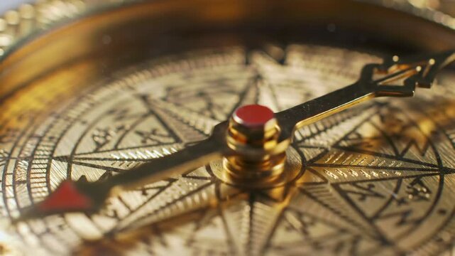 Close up of an intricate golden compass face with needle pointing
