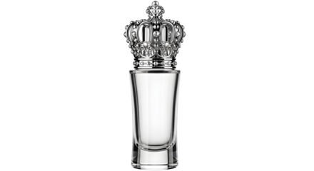 Elegant perfume bottle with a silver crown