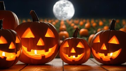 Halloween pumpkins lit by candlelight under a full moon - Powered by Adobe