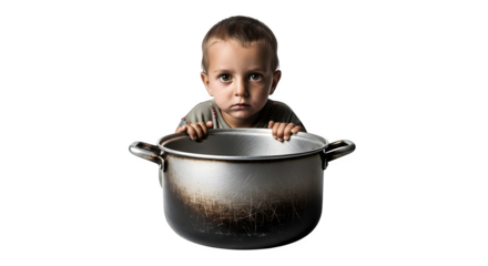 Sad child looking over an empty cooking pot in poverty situation