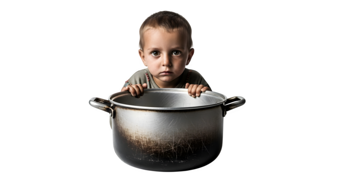 Sad child looking over an empty cooking pot in poverty situation
