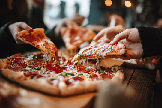 Friends sharing cheesy pepperoni pizza slices, enjoying a casual meal together around a wooden table in a warm, inviting atmosphere