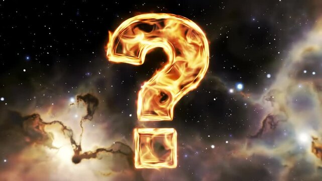 Flaming question mark symbol against a starfield background.
