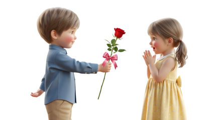 Little boy giving a red rose to an excited little girl as a gift