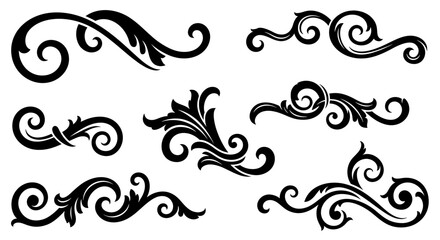 A collection of seven vintage black vector flourishes with floral and leaf details. Elegant baroque scrolls for classic invitations, borders, and page dividers.