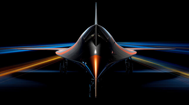 Futuristic supersonic aircraft showcased frontally with sleek, aerodynamic design and illuminated streaks symbolizing high-speed motion on a dark background
