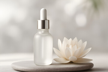 bottle of perfume white cosmetic cream with flower