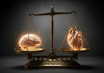 A powerful metaphor for the balance between logic and emotion, showing a scale with a glowing brain on one side and a glowing heart on the other.