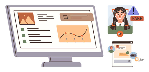 Computer screen with graphs and documents, fake online content warning, search results, and user profile analysis. Ideal for misinformation, digital literacy, media authenticity, technology use, data