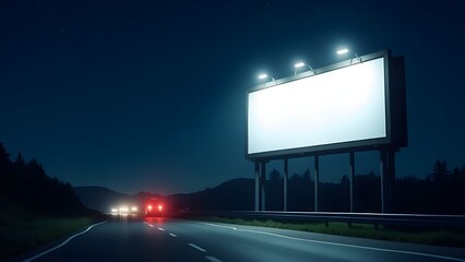 Night highway billboard mockup with illuminated spotlight under starry sky and moving cars