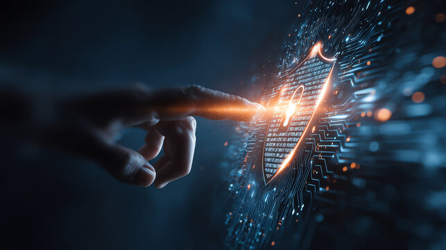A hand reaches out to touch a glowing digital shield symbolizing cybersecurity, data protection, and advanced technology safeguarding information in a high-tech environment