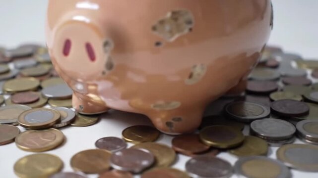 A piggy bank surrounded by scattered coins on the floor, solid white background