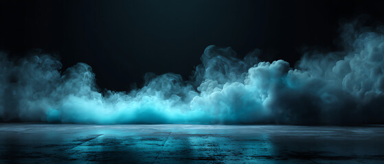 Blue fog or smoke spreading on a dark reflective surface under low light, creating a mysterious and atmospheric scene with a cool color palette