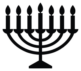 Black and White Silhouette of Menorah with Seven Candles on White Background