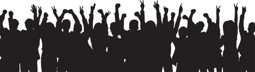 Crowd of people with raised hands and victory signs silhouette