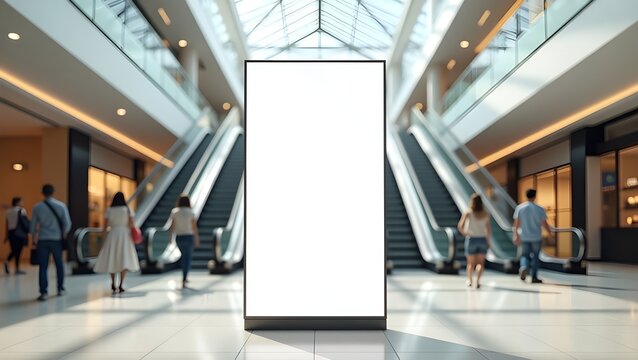 Vertical shopping mall billboard mockup with skylight reflections and blurred shoppers in motion