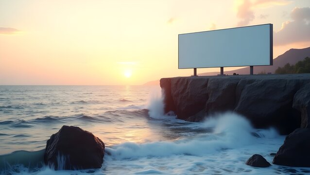 Cliffside ocean view billboard mockup with crashing waves motion blur and sunset lighting