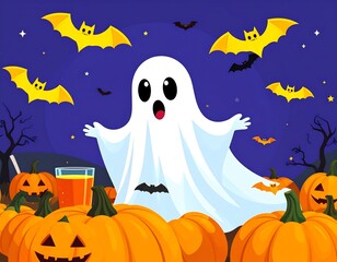 Cute ghost among pumpkins on Halloween night