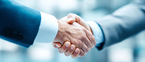 Two business professionals in suits shaking hands, symbolizing agreement, partnership, or a successful deal in a corporate environment