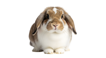 Adorable brown and white lopeared rabbit sitting against a plain black backdrop