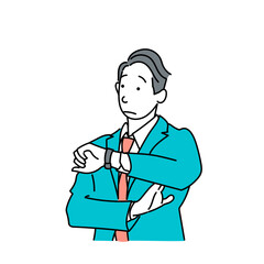 Fototapeta premium 時間を心配して時計を見るスーツ姿の男性｜不安な表情のビジネスマンのベクターイラスト