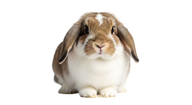 Adorable brown and white lopeared rabbit sitting against a plain black backdrop