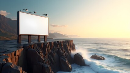 Cliffside ocean view billboard mockup with crashing waves motion blur and sunset lighting