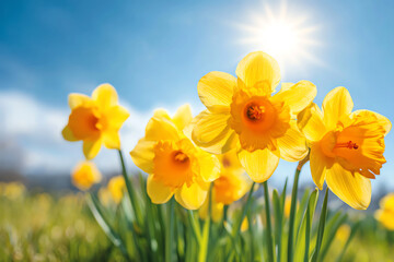 Fototapeta premium Bright yellow daffodils bloom under a sunny blue sky, symbolizing spring and renewal with vibrant petals and green stems in a natural outdoor setting
