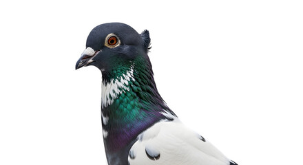 Close up of a colorful pigeon against a