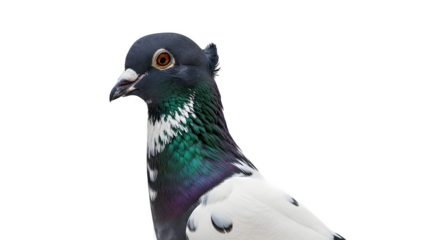 Close up of a colorful pigeon against a