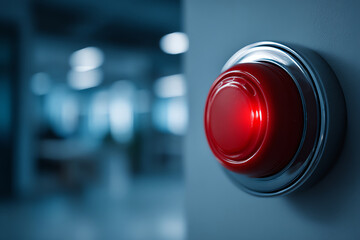 Close-up of a glowing red emergency button mounted on a wall with a blurred indoor background, symbolizing alert, safety, or urgent action