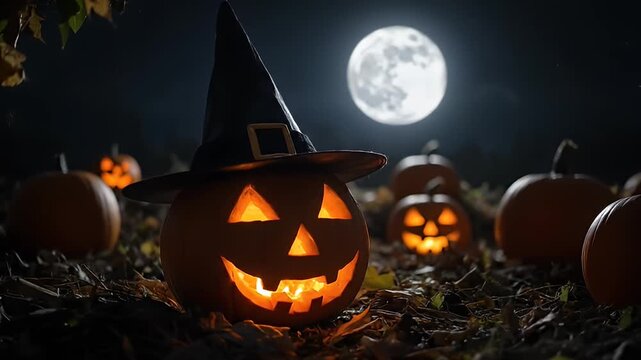 Illuminated pumpkins with carved faces under the full moon at night