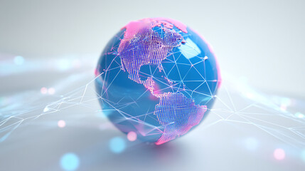 Digital globe with interconnected network lines highlights North and South America in neon pink on a blue sphere, symbolizing global connectivity and digital communication