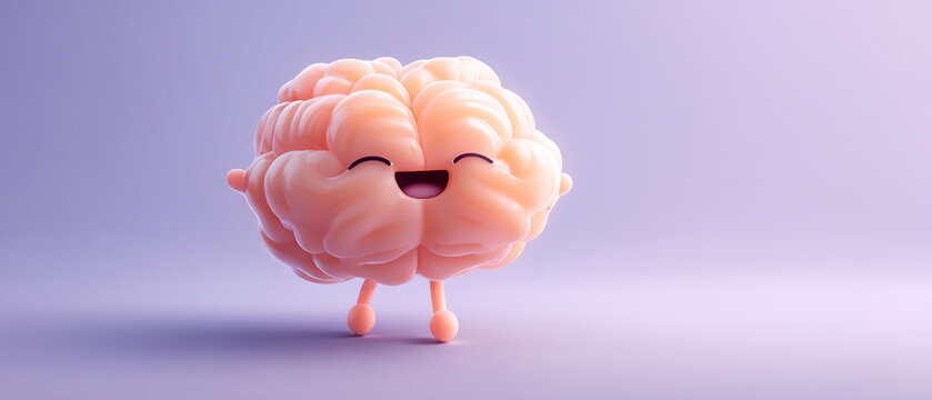 Cute 3D cartoon brain character with a happy expression, standing on two legs against a soft purple background
